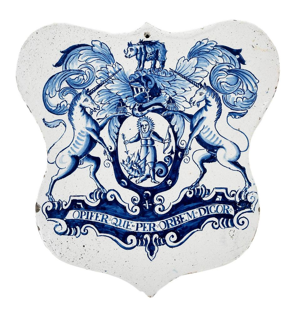 Appraisal: London Delft Blue and White Shield Shaped Pill Tile circa