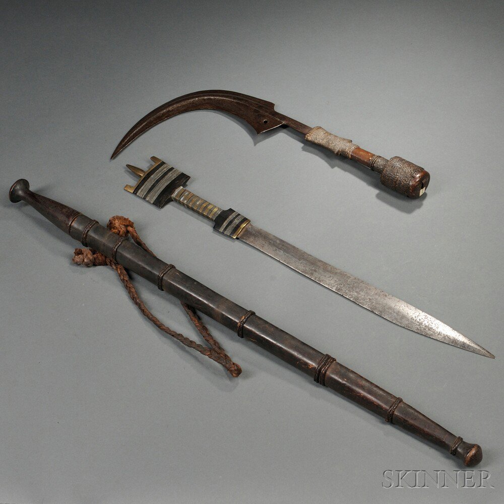 Appraisal: Three African Weapons includes a Mangbetu knife a North African