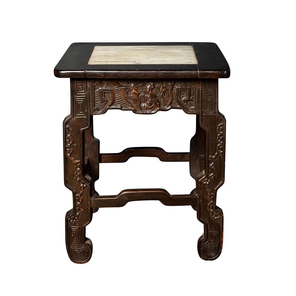 Appraisal: TH C CHINESE CARVED WOOD STOOL WITH MARBLE CENTER Late