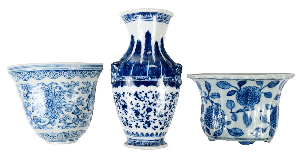 Appraisal: Three Chinese Blue and White Porcelain Wall Vases one with