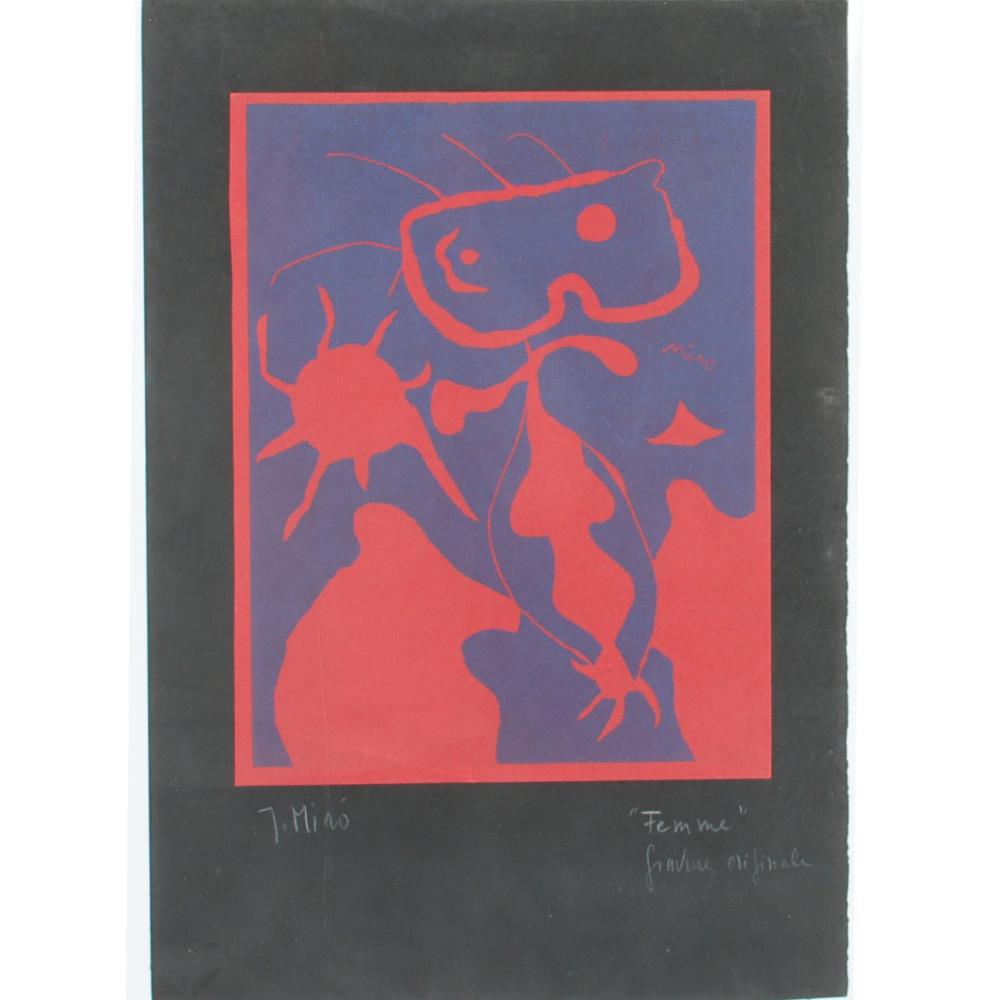 Appraisal: JOAN MIRO FEMME LINOCUT H X W SHEET SIZE H