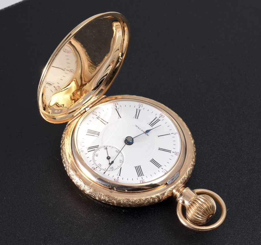 Appraisal: K YELLOW GOLD WALTHAM HUNTER CASE POCKET WATCH Circa size