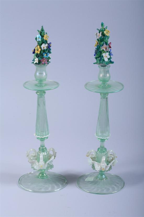 Appraisal: PAIR MURANO IRIDESCENT GREEN GLASS CANDLESTICKS mid- th century Circular