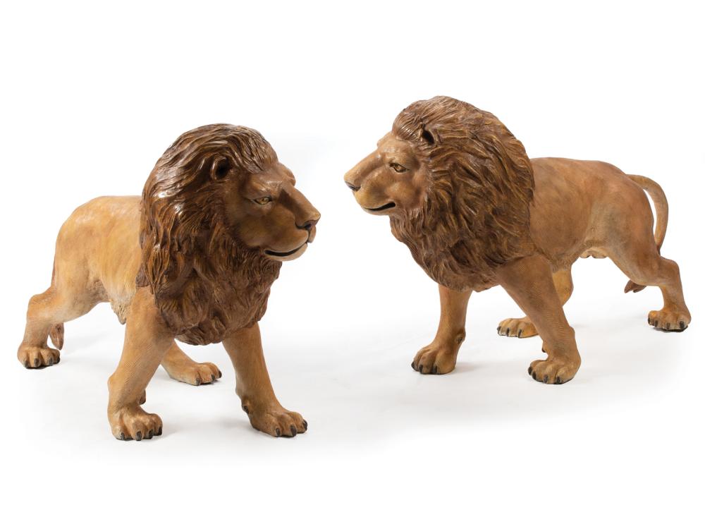 Appraisal: Pair of Large Cold-Painted Bronze Figures of Lions realistically rendered