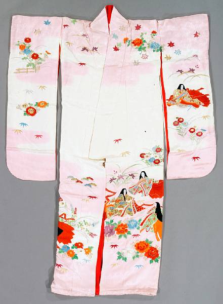 Appraisal: Five garments Including a bridal uchikake kimono three formal furisode