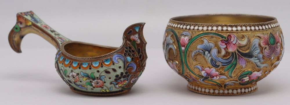 Appraisal: SILVER Russian Enamel Decorated Silver Hollow Ware Includes a Russian