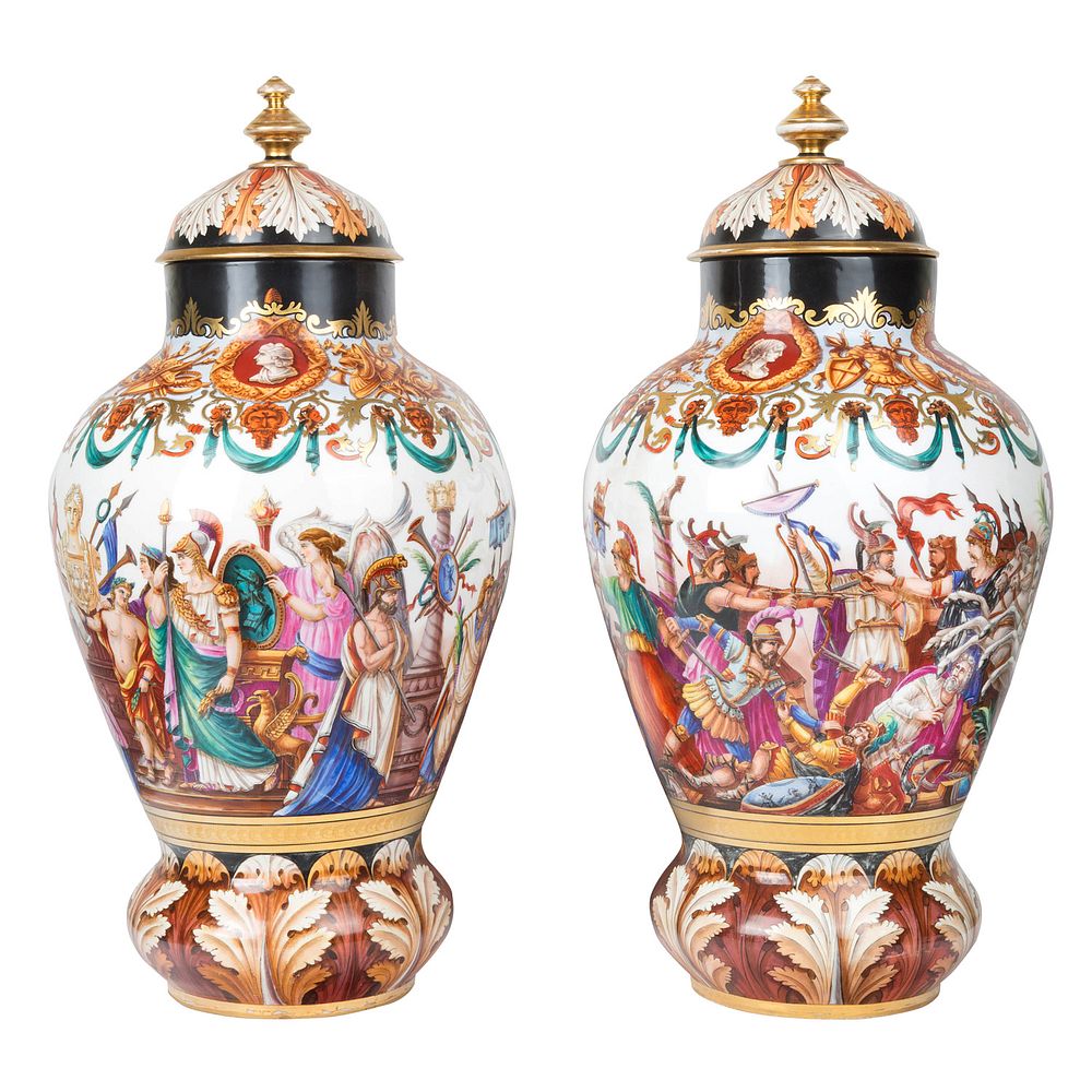 Appraisal: A PAIR OF EUROPEAN VASES WITH MYTHOLOGICAL SCENES LATE TH