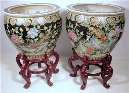 Appraisal: Pair of Chinese famille noire porcelain fish bowlsDeep U-shape enameled