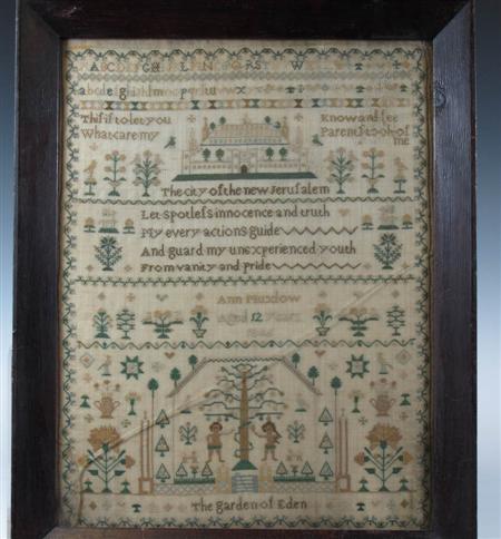 Appraisal: A th century sampler By Ann Muxlow aged years decorated