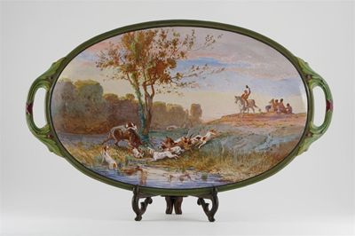 Appraisal: A large Minton oval tray painted by Edouard Rischgitz with