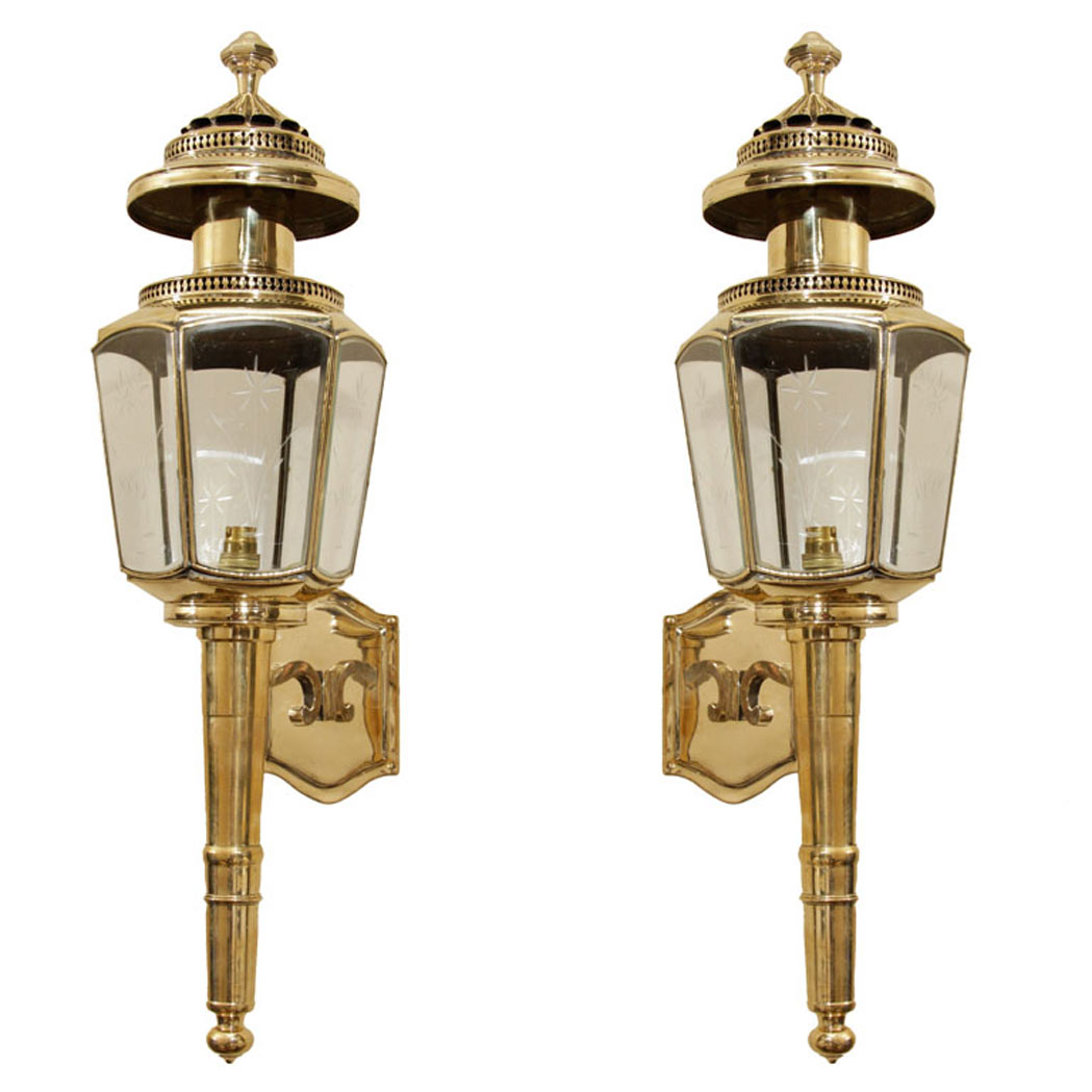 Appraisal: Pair of English Brass and Etched Glass Coach Lanterns th