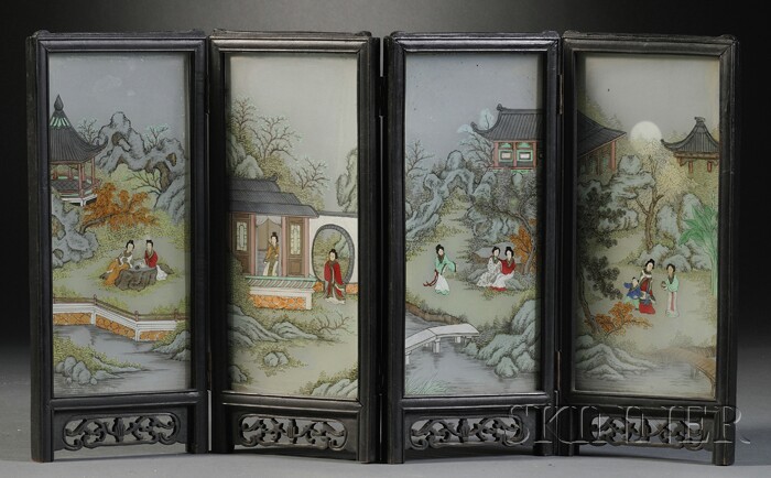 Appraisal: Small Painted Glass Folding Table Screen China the four-panel folding