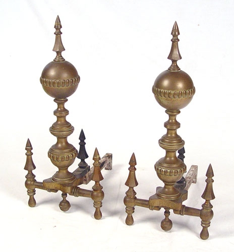 Appraisal: LATE TH C BRITISH BRASS ANDIRONS Pointed spire top with