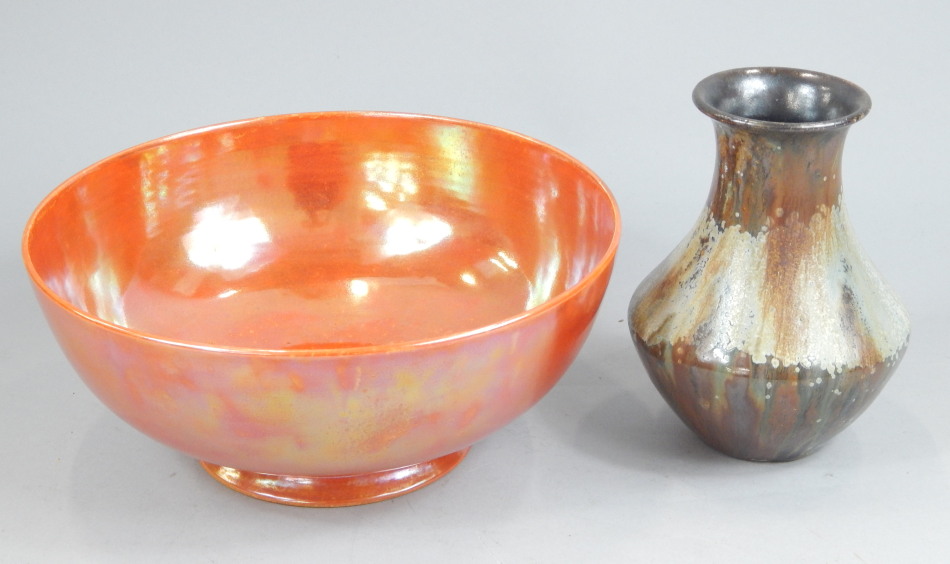 Appraisal: A Ruskin orange glazed lustre bowl stamped to underside Ruskin