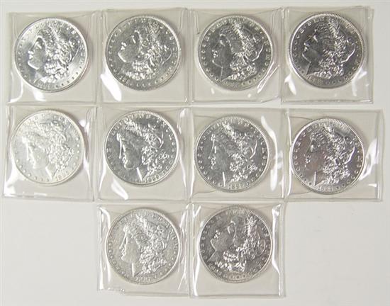 Appraisal: Ten Morgan Dollars Grading XF-AU a few with planchet concerns