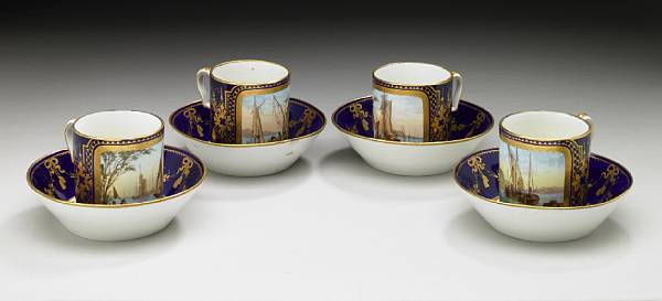 Appraisal: Four S vres style porcelain cups and saucers late th