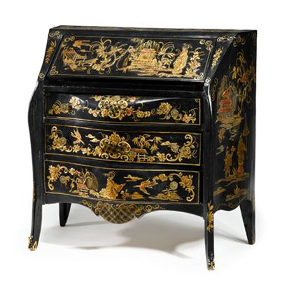 Appraisal: English black japanned bombe bureau With gilt chinoiserie decoration the