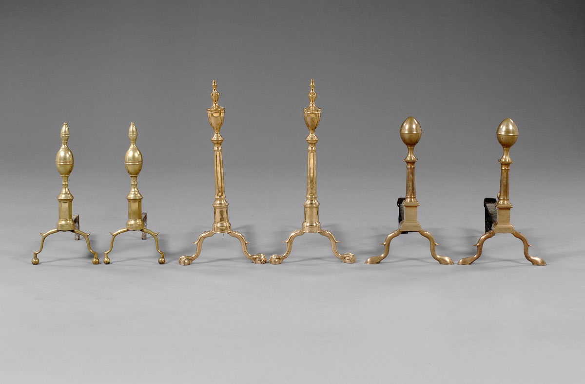 Appraisal: PAIR OF CHIPPENDALE LEMON-TOP ANDIRONS ON COLUMNAR STANDARDS Each with