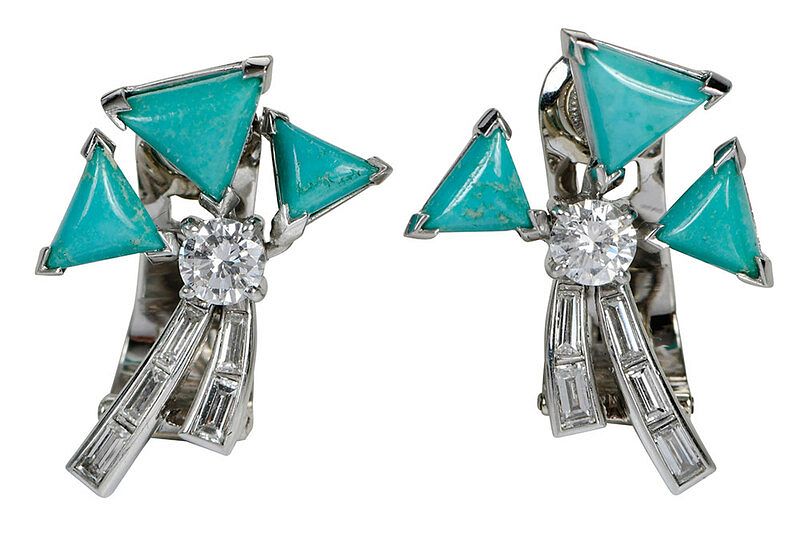 Appraisal: Art Deco Platinum Diamond Turquoise Earclips each with three triangle