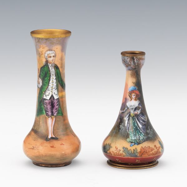 Appraisal: TWO LIMOGES ENAMELED MINIATURE VASES One depicting an elegant noblewoman