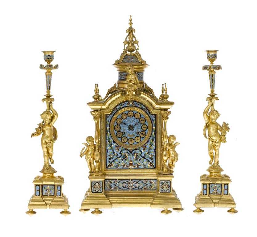 Appraisal: A FRENCH GILT BRONZE AND CHAMPL V ENAMEL GARNITURE DE