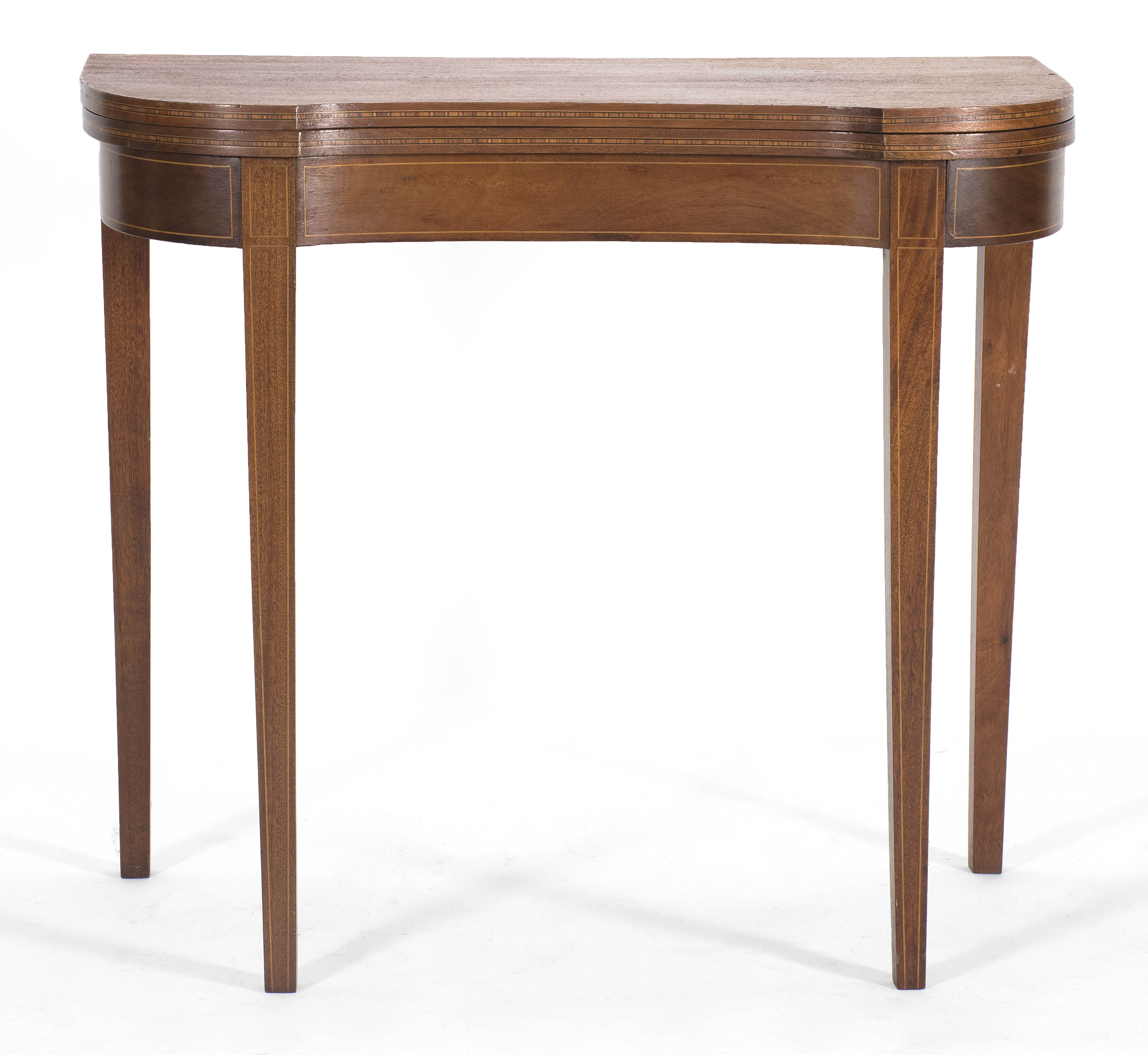 Appraisal: HEPPLEWHITE-STYLE CARD TABLE Kidney-shaped in mahogany with fruitwood inlay Height