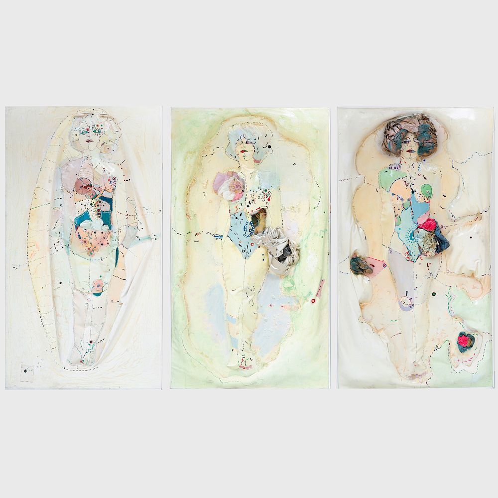 Appraisal: Justine Colette b Three Figures Three mixed media constructions on