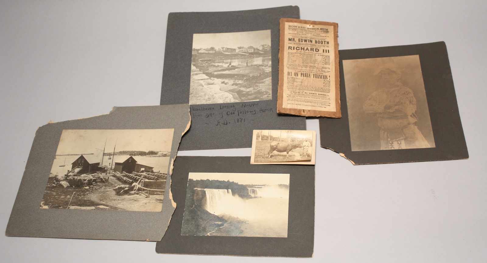 Appraisal: FIVE UNFRAMED EARLY PHOTOGRAPHS AND A BROADSIDE Photographs consist of