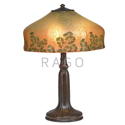 Appraisal: HANDEL Table lamp its chipped-glass shade obverse painted with foliage