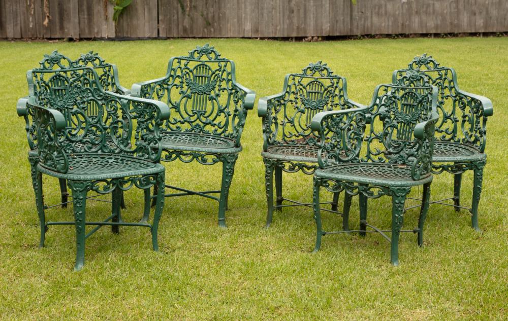 Appraisal: Six American Painted Cast Iron Lyre-Back Garden Armchairs th c