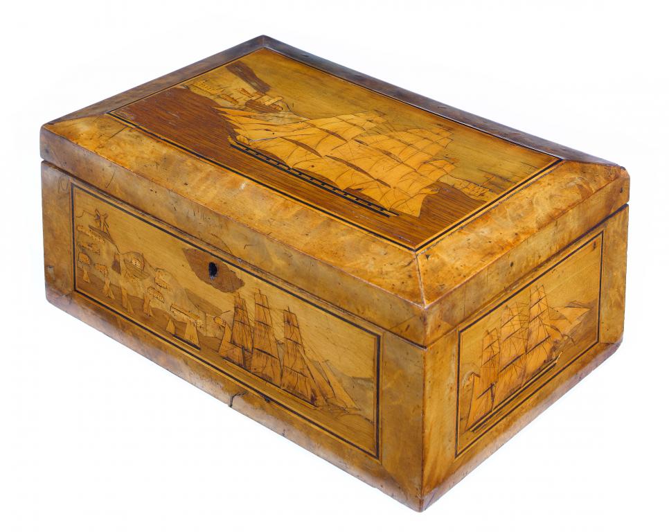 Appraisal: A VICTORIAN SAILOR'S WALNUT AND MARQUETRY WORK-BOX the lid and