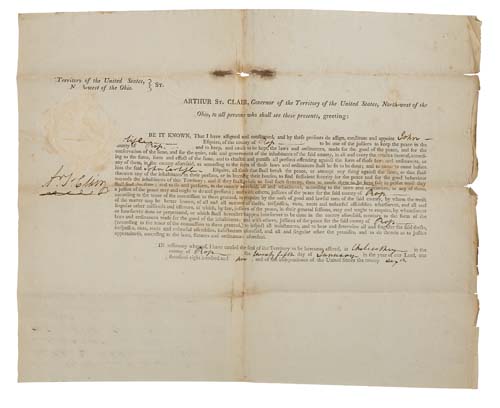 Appraisal: ST CLAIR ARTHUR Partly-printed Document Signed as Governor of the