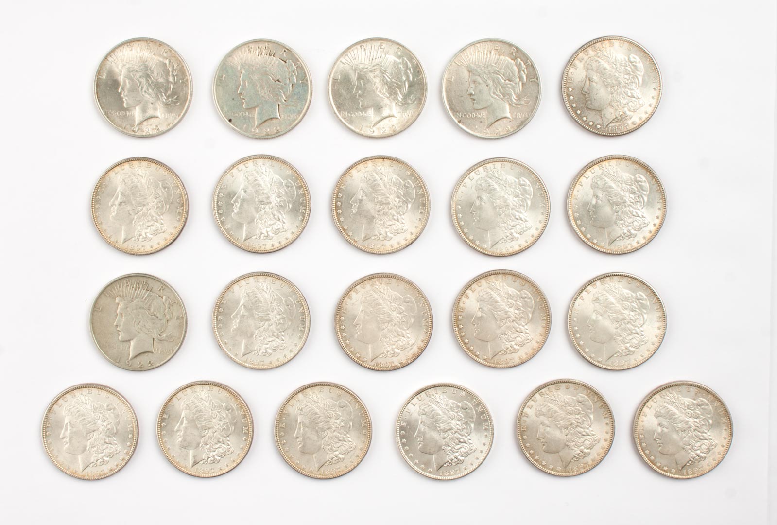 Appraisal: Twenty-one U S Morgan Peace type silver dollars comprising sixteen