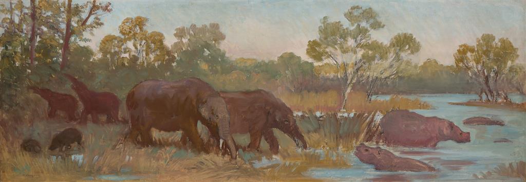 Appraisal: CHARLES ROBERT KNIGHT American - Elephants and Rhinos oil on