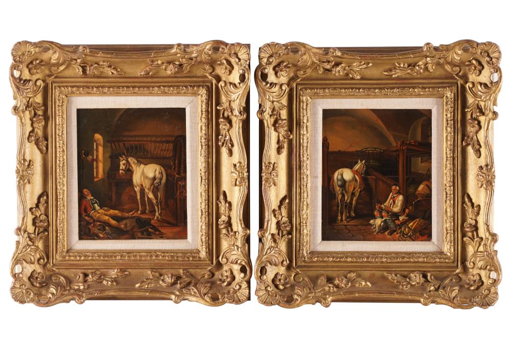 Appraisal: UNKNOWN ARTIST PAIR OF STABLE INTERIORSoil on canvas unsigned Provenance