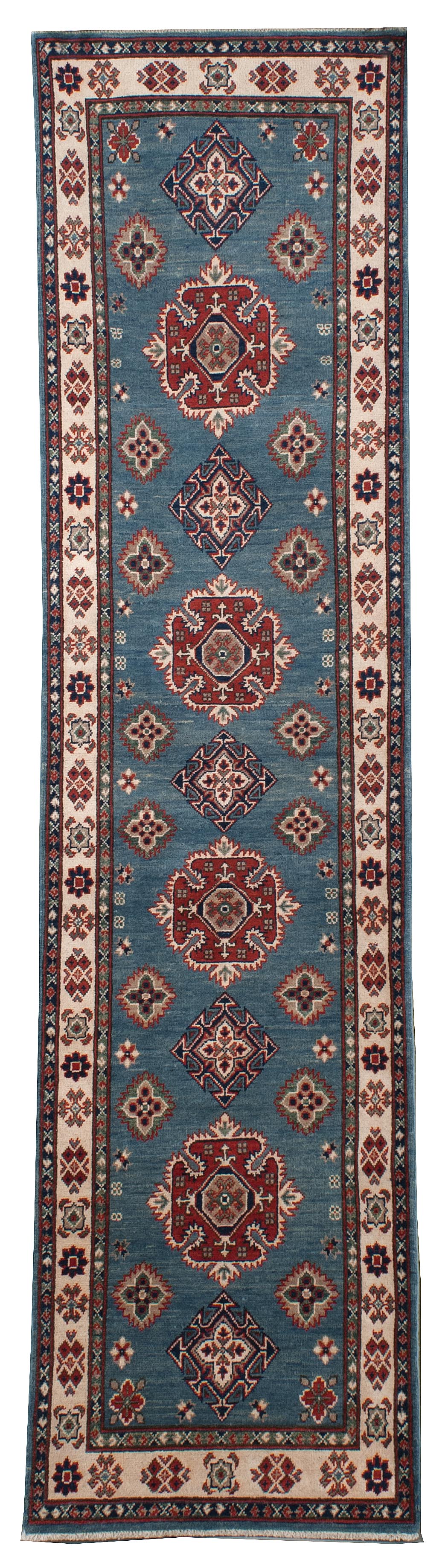 Appraisal: ORIENTAL RUG KAZAK-DESIGN RUNNER ' x ' Geometric medallions alternating