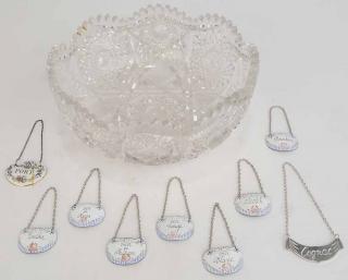 Appraisal: Group of Nine Bottle Tickets and One Cut Glass Bowl