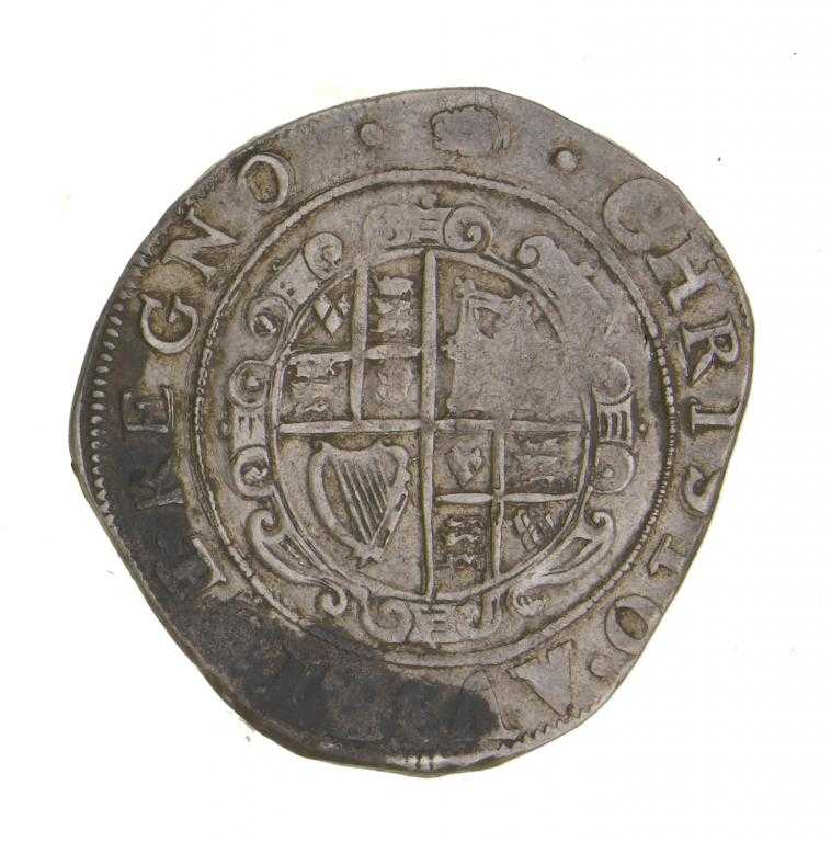 Appraisal: CHARLES I HALFCROWN - mm tun reverse stain g F