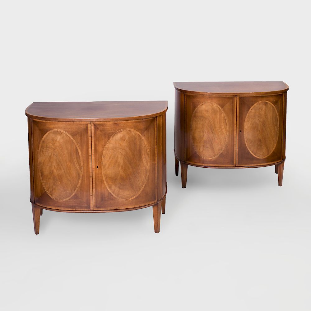 Appraisal: Pair of George III Style Inlaid Mahogany D-Shaped Commodes Interior