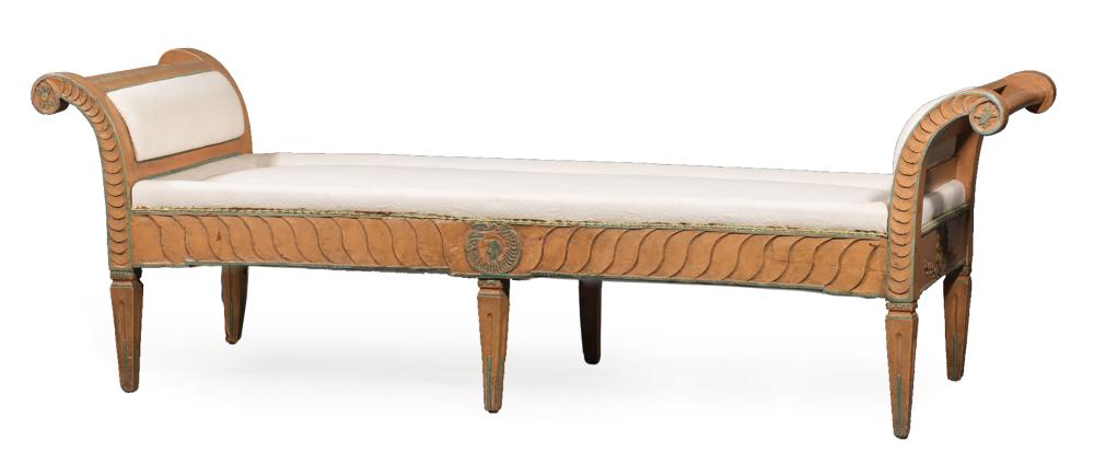 Appraisal: Continental Neoclassical Paint-Decorated Bench th c out-scrolled arms wave incised