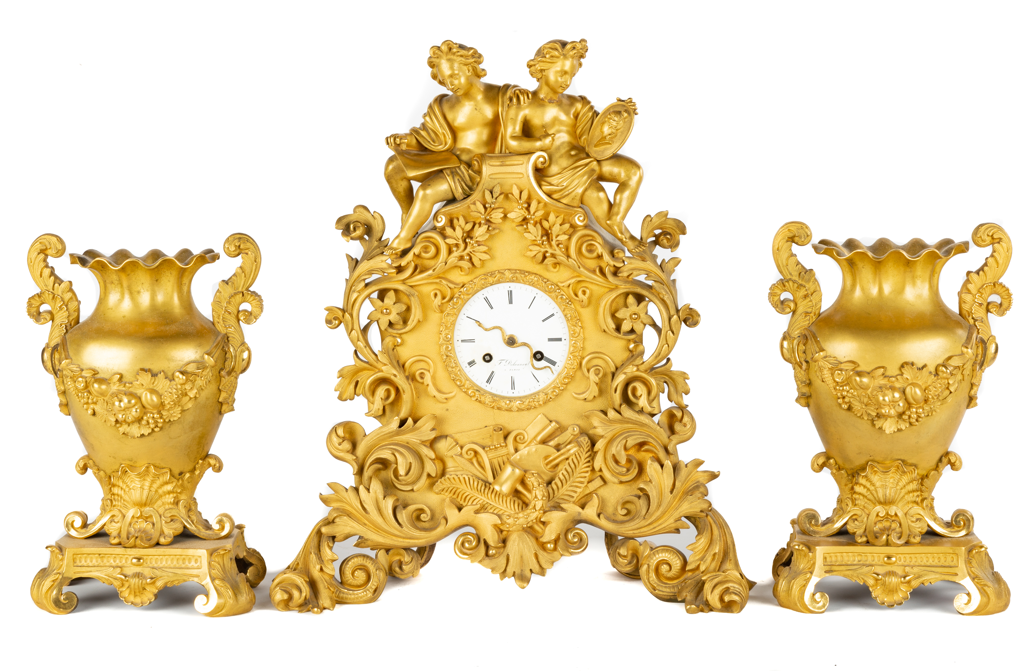 Appraisal: F DELAUNOY PARIS GILT BRONZE CLOCK GARNITURES circa with musical