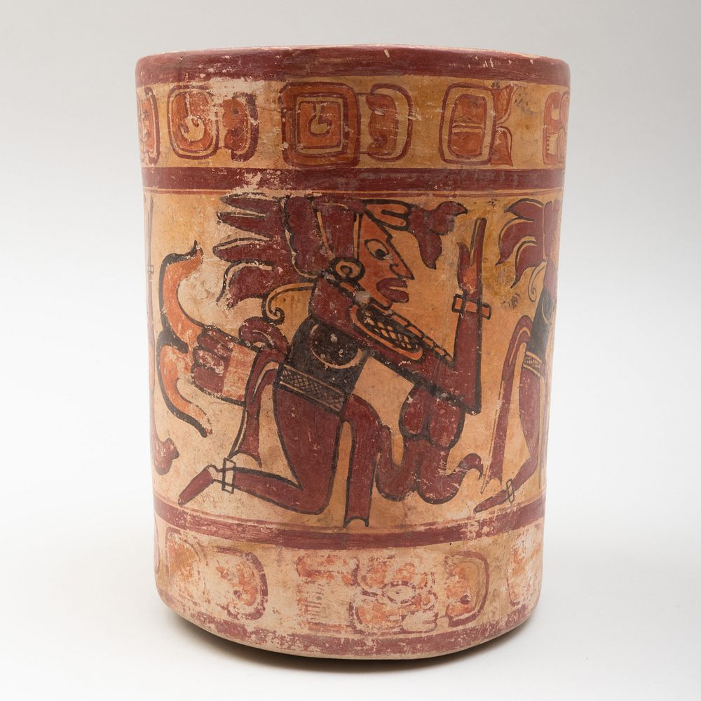 Appraisal: Mayan Polychrome Pottery Cylinder Vessel x in diam Property From