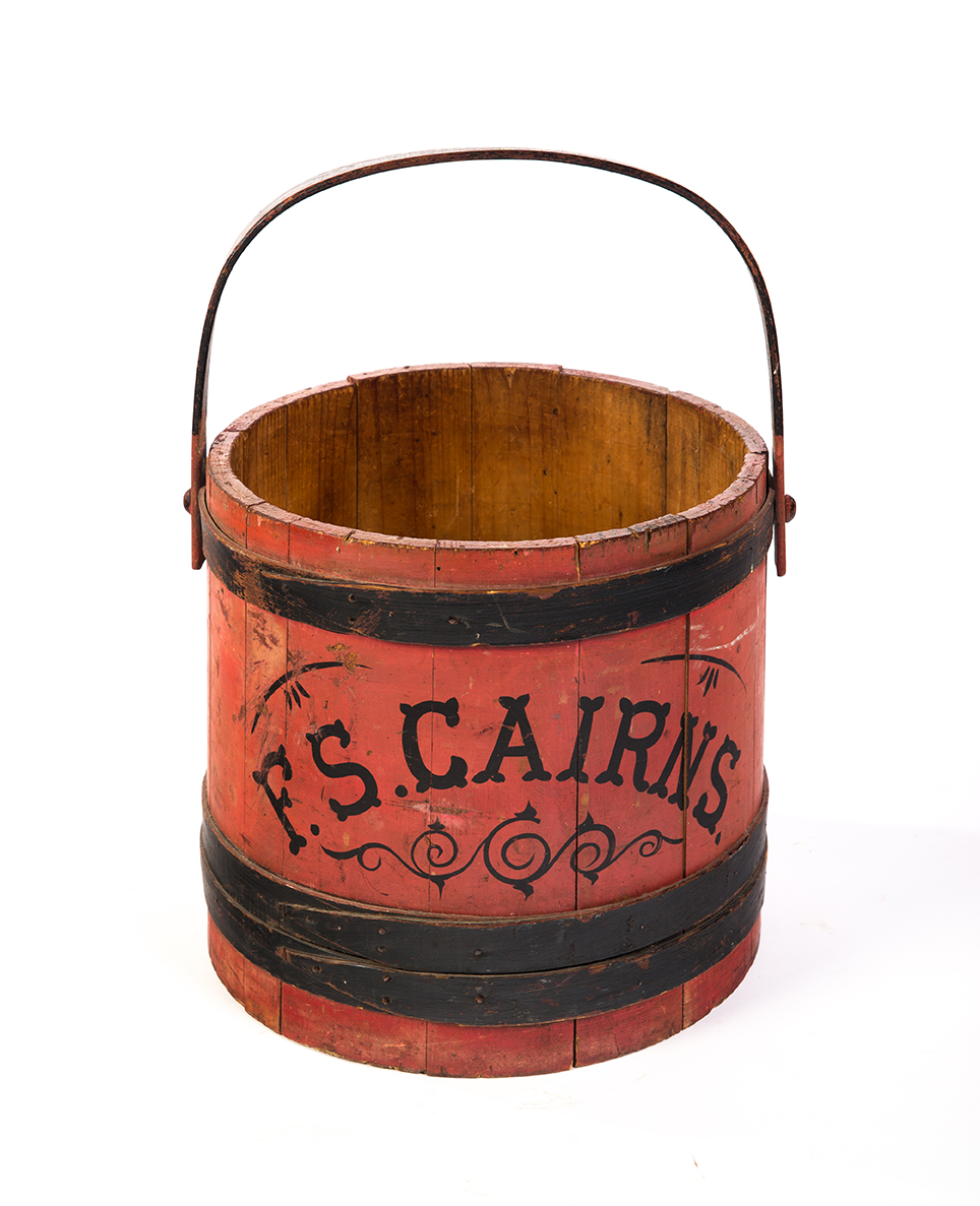 Appraisal: STAVE CONSTRUCTED PAINTED BUCKET WITH SWING HANDLE American late th