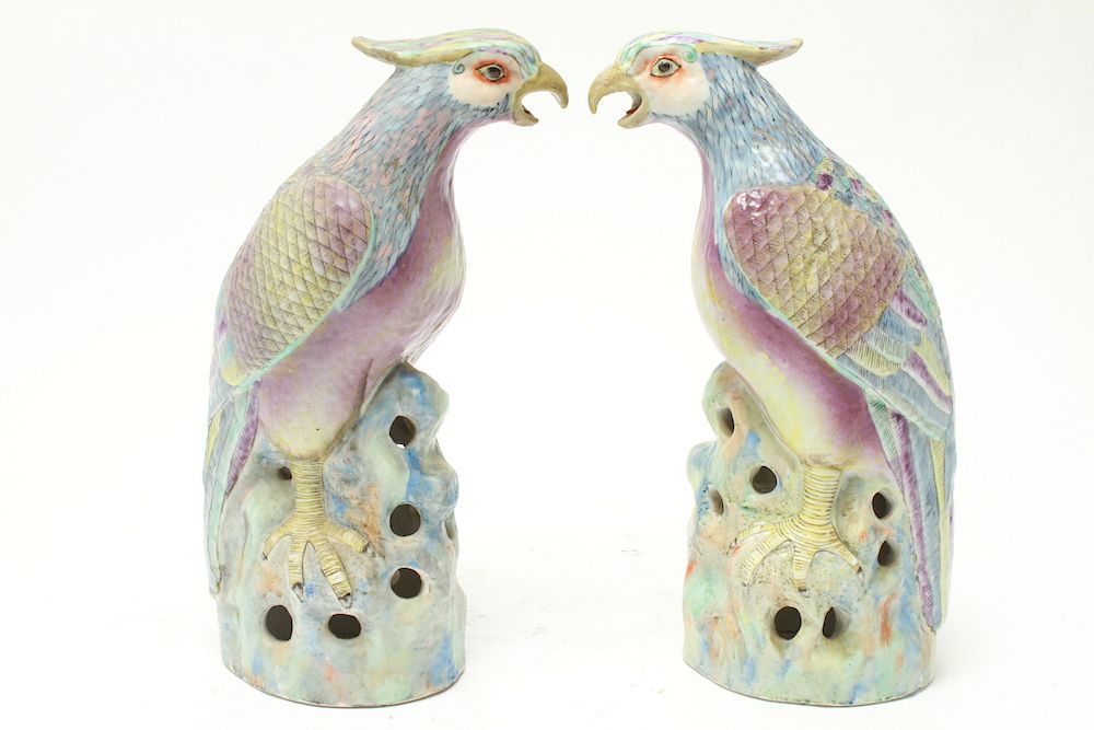 Appraisal: Chinese Polychrome Porcelain Bird Sculptures Pr Chinese hand-painted polychrome porcelain