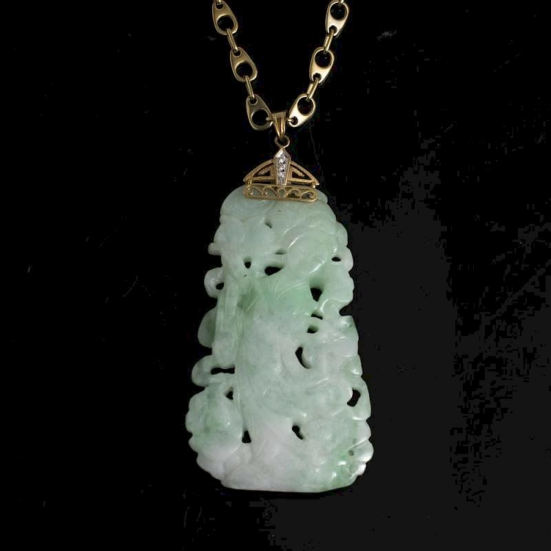 Appraisal: Jade and Diamond K Necklace Jade and diamond k necklace