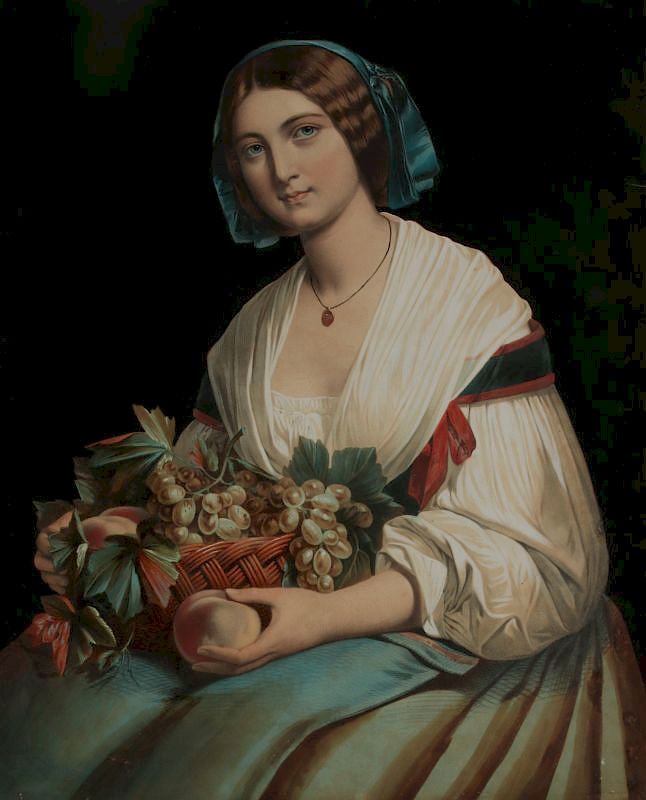 Appraisal: A VICTORIAN CHROMOLITHOGRAPH PORTRAIT Woman with fruits of harvest circa