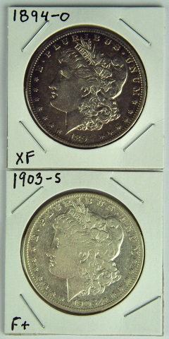 Appraisal: Two Better Date Morgan Dollars -O XF details and -S