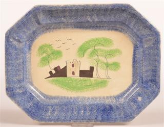 Appraisal: Blue Spatter Fort Pattern Ironstone Platter Blue Spatter Fort Pattern