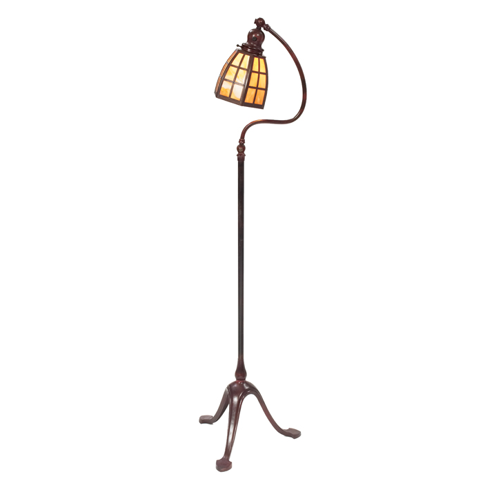 Appraisal: Handel bridge lamp six-sided caramelslag glass shade with metal overlaysupported