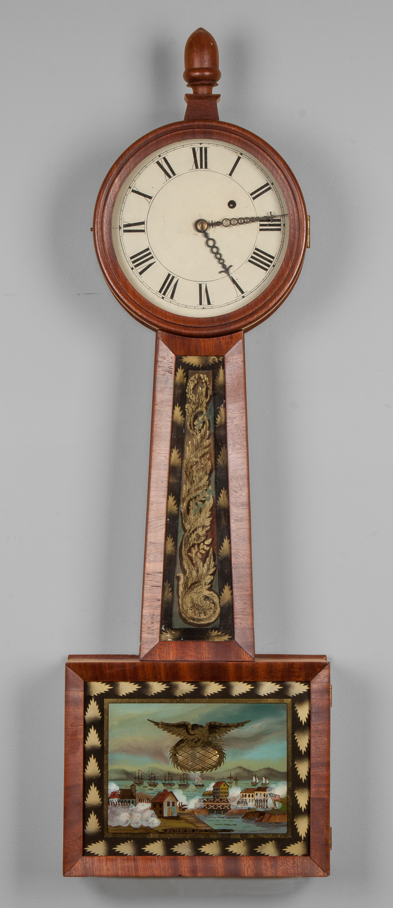 Appraisal: New England Banjo Clock Mahogany case Original painted iron dial